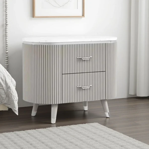 BM339483_5 Gema Nightstand, 2 Drawers, Cultured Stone Top, Gray Wood, Silver Trim