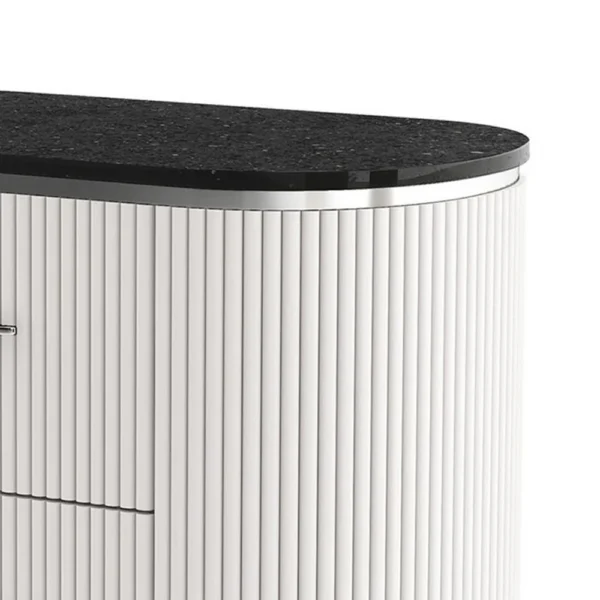 Alda Nightstand w 2 Drawers, Black Stone Top, Light Gray Wood, Silver