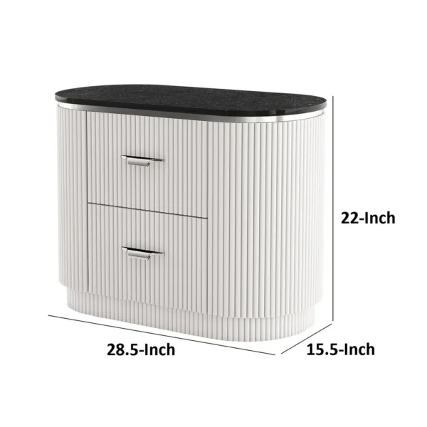 Alda Nightstand w 2 Drawers, Black Stone Top, Light Gray Wood, Silver