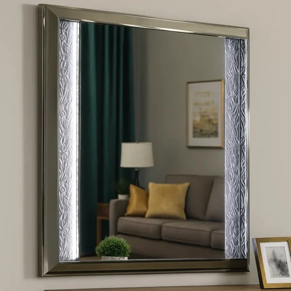 BM339487_5 Levi Dresser Mirror, 38 Inch, Leaf Pattern Molding w LED, Dark Gray Wood