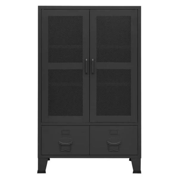 Coy Tall Storage Cabinet, 2 Drawers w 2 Mesh Front Doors, Metal Frame, Black