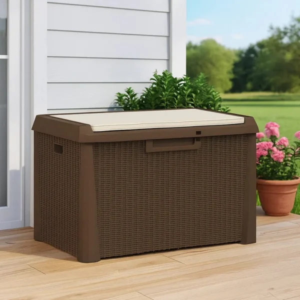 Jely Outdoor Garden Storage Box w Seat Cushion, 29 Inch, Brown