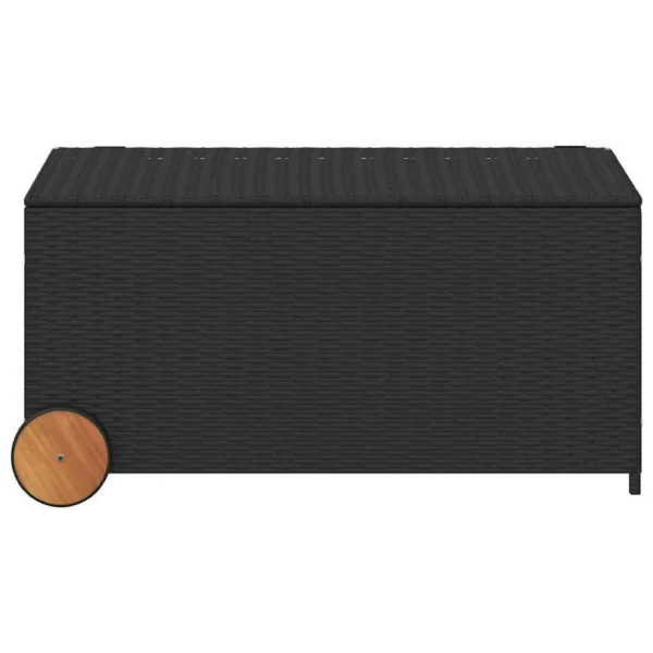 Saki Outdoor Storage Box, Rectangular Black Poly Rattan, Wood Wheels