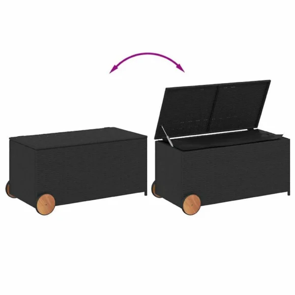 Saki Outdoor Storage Box, Rectangular Black Poly Rattan, Wood Wheels