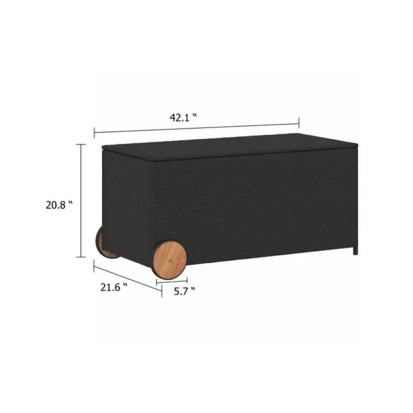Saki Outdoor Storage Box, Rectangular Black Poly Rattan, Wood Wheels