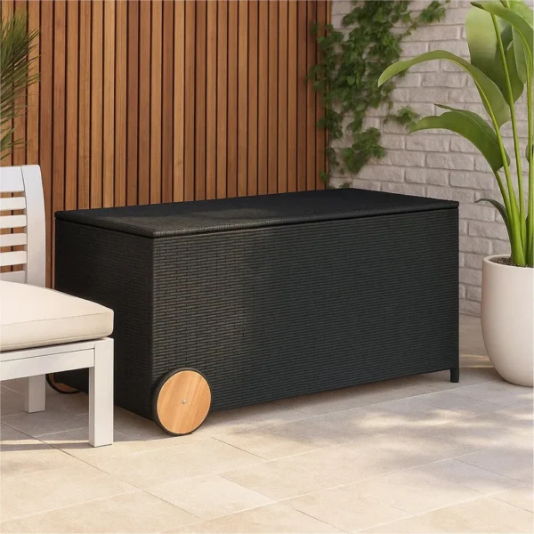 Saki Outdoor Storage Box, Rectangular Black Poly Rattan, Wood Wheels