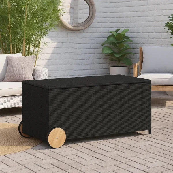 Saki Outdoor Storage Box, Rectangular Black Poly Rattan, Wood Wheels