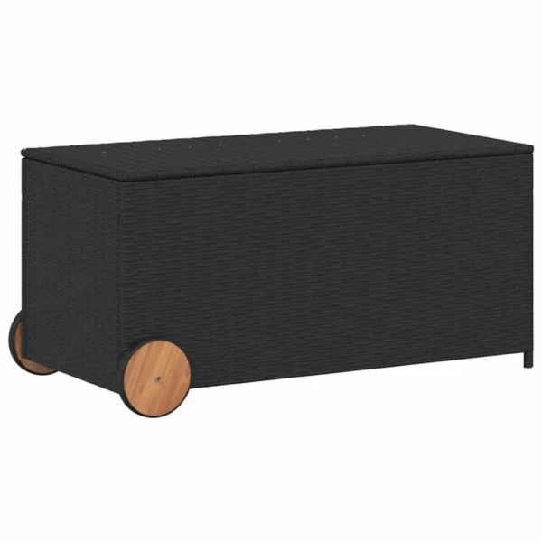 Saki Outdoor Storage Box, Rectangular Black Poly Rattan, Wood Wheels