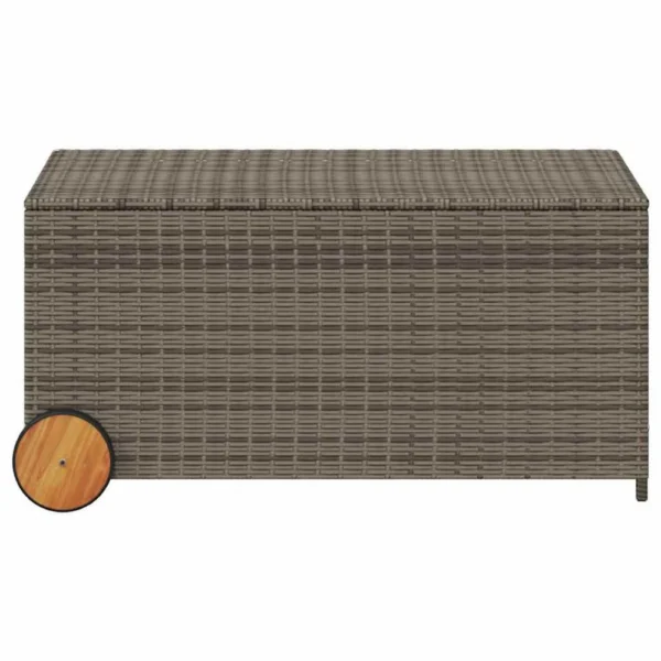 Saki Outdoor Storage Box, Rectangular Gray Poly Rattan, Wood Wheels