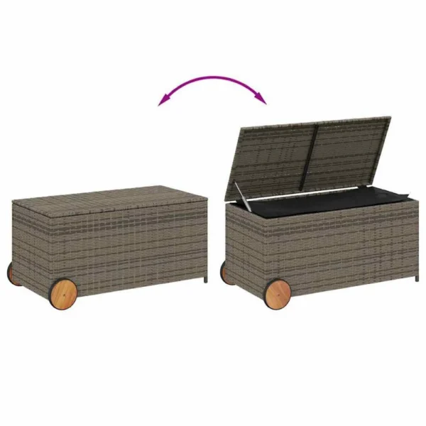 Saki Outdoor Storage Box, Rectangular Gray Poly Rattan, Wood Wheels