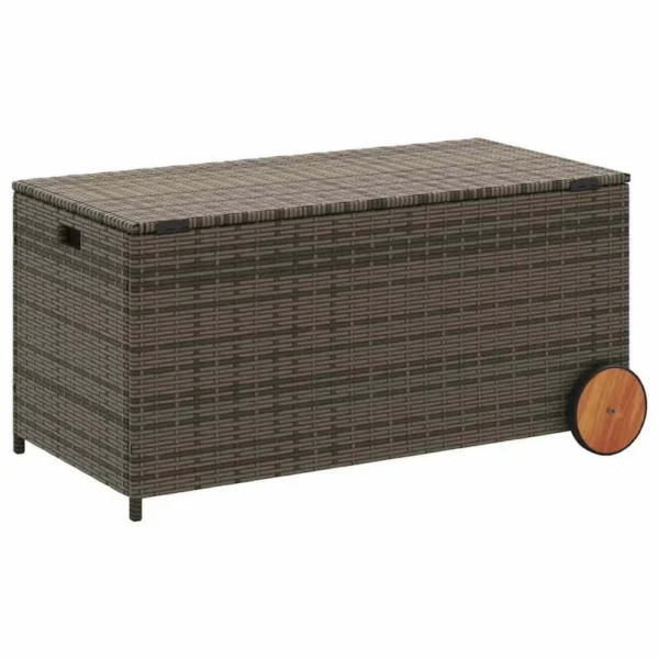 Saki Outdoor Storage Box, Rectangular Gray Poly Rattan, Wood Wheels