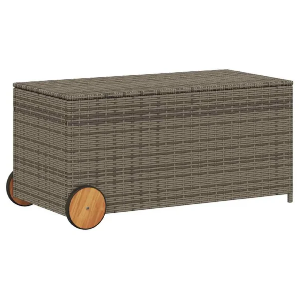 Saki Outdoor Storage Box, Rectangular Gray Poly Rattan, Wood Wheels