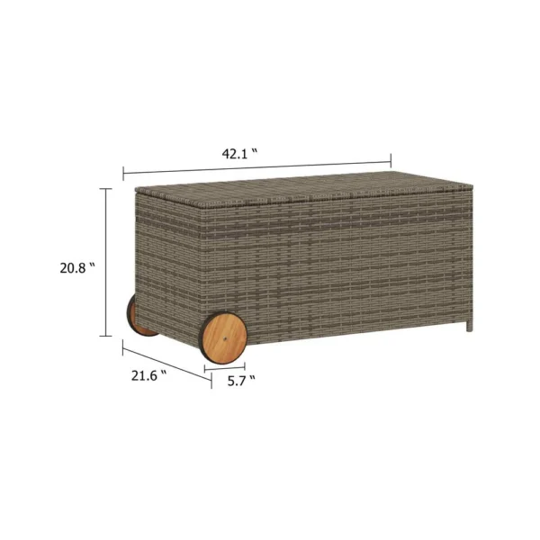 Saki Outdoor Storage Box, Rectangular Gray Poly Rattan, Wood Wheels
