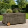 Saki Outdoor Storage Box, Rectangular Gray Poly Rattan, Wood Wheels