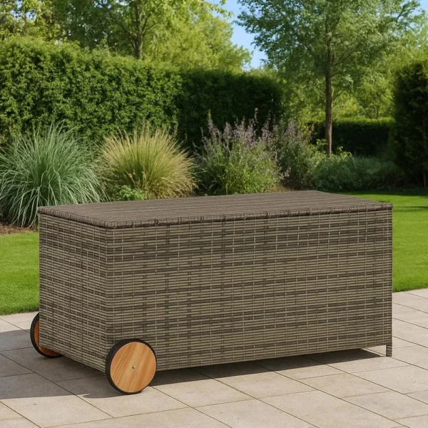 Saki Outdoor Storage Box, Rectangular Gray Poly Rattan, Wood Wheels