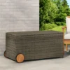 Saki Outdoor Storage Box, Rectangular Gray Poly Rattan, Wood Wheels