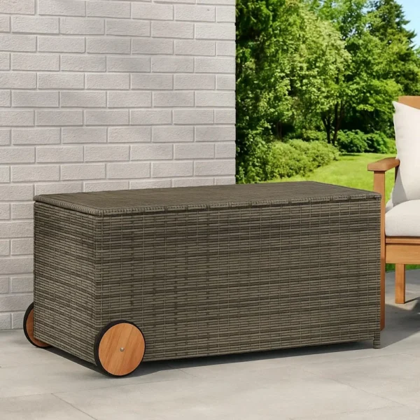 Saki Outdoor Storage Box, Rectangular Gray Poly Rattan, Wood Wheels