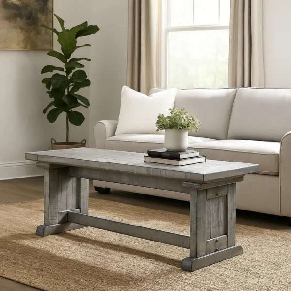 BM339798_5 Bench, 48 Inch Wide Farmhouse Plank Style Seat, Gray Pedestal Base