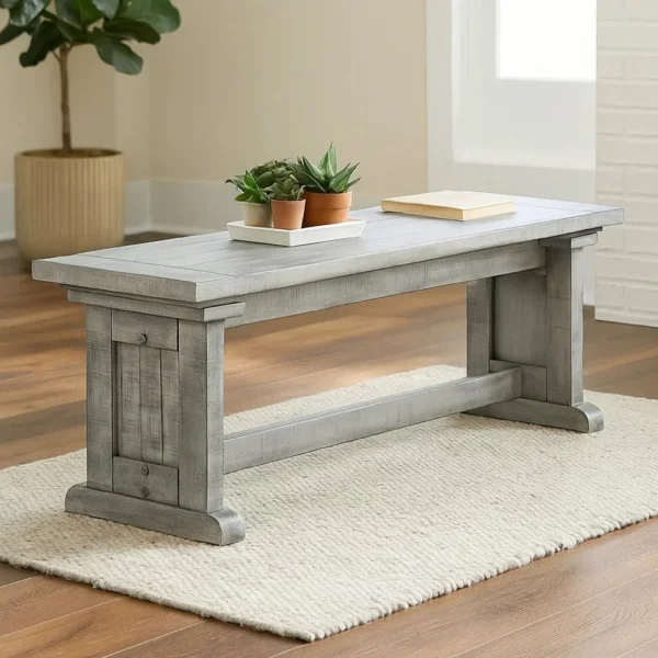 BM339798_6 Bench, 48 Inch Wide Farmhouse Plank Style Seat, Gray Pedestal Base