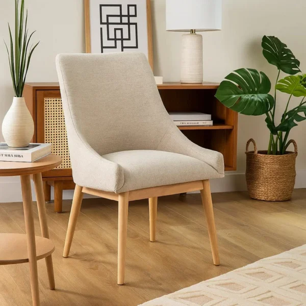 Livvy High Back Dining Chair Set of 2, Light Gray Fabric, Wheat Brown Wood