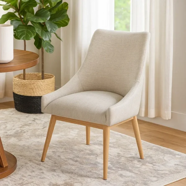 Livvy High Back Dining Chair Set of 2, Light Gray Fabric, Wheat Brown Wood