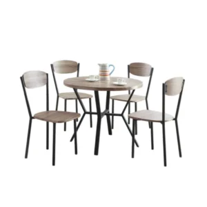 Jiho 5pc Dining Table and 4 Chairs Set, Graywash, Black Metal Base