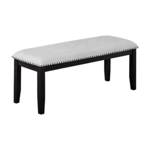 Amber Dining Bench, Gray Fabric Seat w Nailheads, Black Wood, 48 Inch