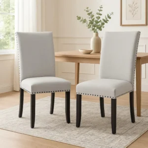 BM340154_5 Viem Dining Chair Set of 2, Black Wood, Gray Fabric Seat, Nailhead Trim