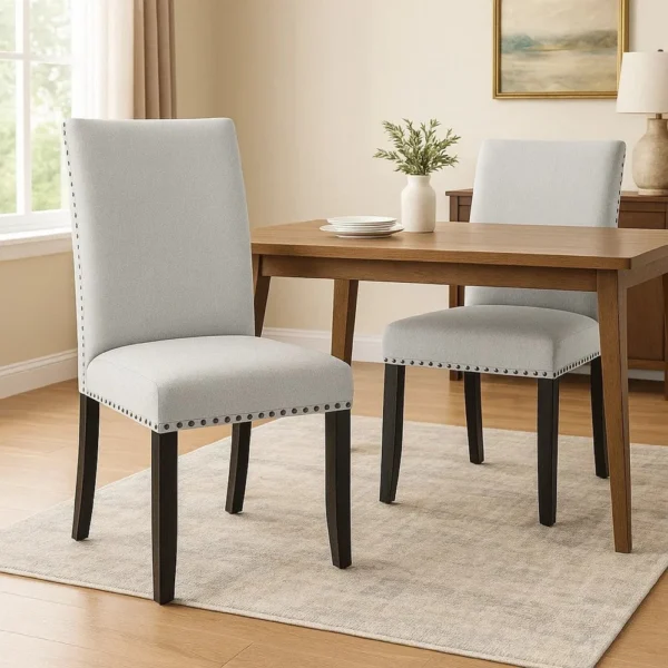 BM340154_6 Viem Dining Chair Set of 2, Black Wood, Gray Fabric Seat, Nailhead Trim