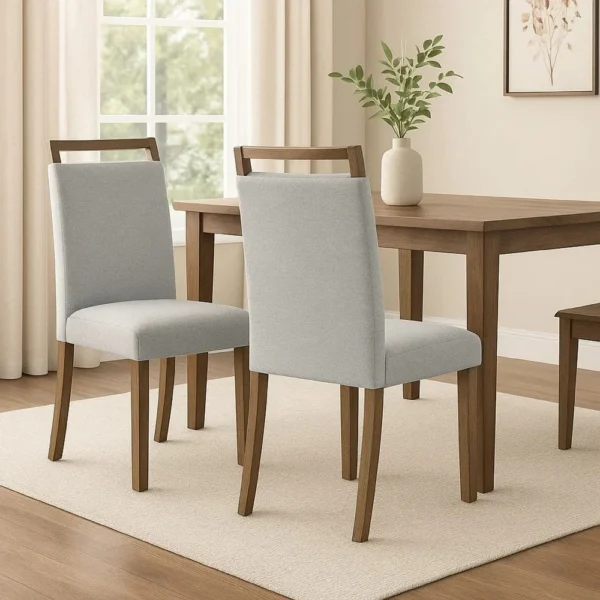 BM340156_5 Koji Dining Chair Set of 2, Gray Fabric Padded Seat, Brown Wood Frame