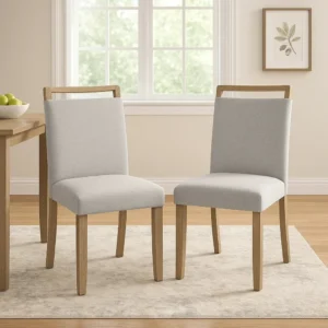 BM340156_6 Koji Dining Chair Set of 2, Gray Fabric Padded Seat, Brown Wood Frame