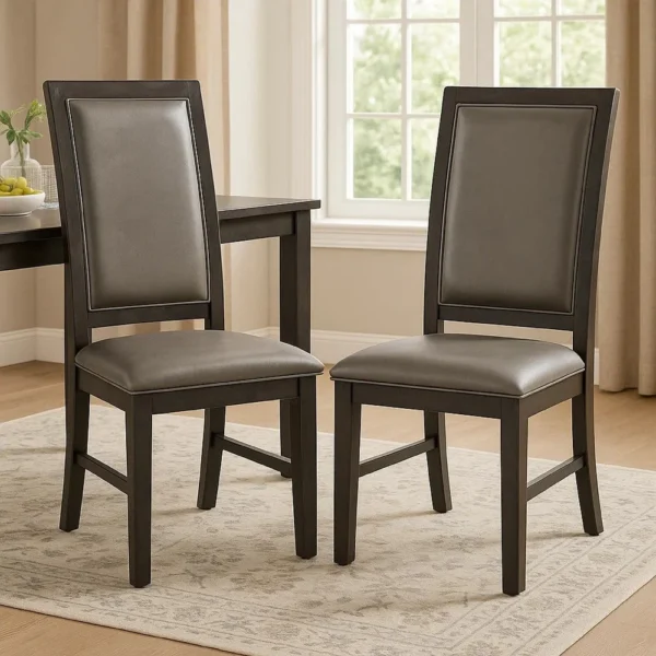 Jefy Side Dining Chair Set of 2, Gray Faux Leather, Espresso Brown Wood
