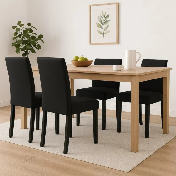 Syon Dining Chair Set of 4, Black Wood Frame, Fabric Seat and Backrest