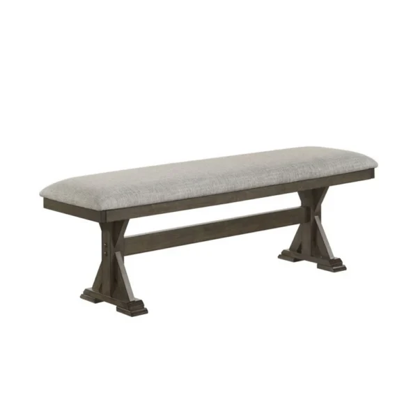 Omal Dining Bench, Brown Wood, 53 Inch Rectangular Gray Fabric Seat