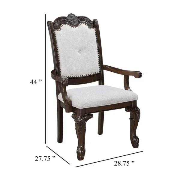 Cary Dining Armchair Set of 2, Beige Linen, Scrolled Coffee Brown Wood