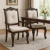 Cary Dining Armchair Set of 2, Beige Linen, Scrolled Coffee Brown Wood