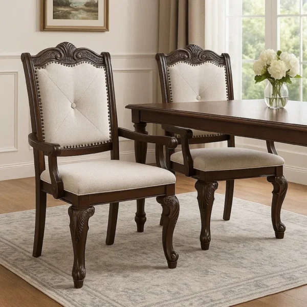 Cary Dining Armchair Set of 2, Beige Linen, Scrolled Coffee Brown Wood
