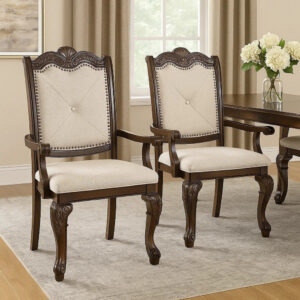 BM340171_6 Cary Dining Armchair Set of 2, Beige Linen, Scrolled Coffee Brown Wood
