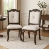 BM340172_5 Cary Side Dining Chair Set of 2, Beige Linen, Scrolled Coffee Brown Wood
