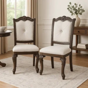 Cary Side Dining Chair Set of 2, Beige Linen, Scrolled Coffee Brown Wood