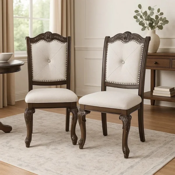 BM340172_5 Cary Side Dining Chair Set of 2, Beige Linen, Scrolled Coffee Brown Wood