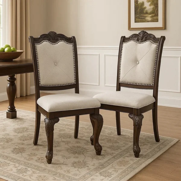 BM340172_6 Cary Side Dining Chair Set of 2, Beige Linen, Scrolled Coffee Brown Wood