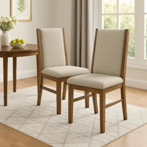 BM340174_6 Liyo Set of 2 Side Dining Chairs, Brown Wood Frame, Beige Fabric Seating