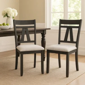 BM340177_5 Riby Dining Chair Set of 2, Black Wood Frame, Gray Linen Seating