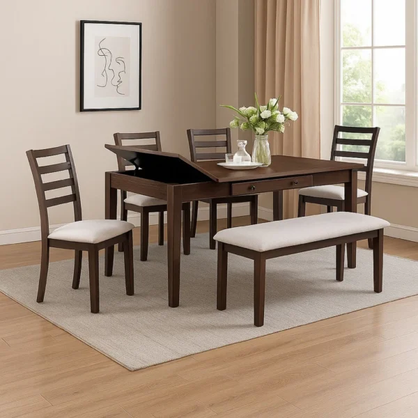 BM340202_5 Wogy Side Dining Chair Set of 2, Brown Wood Ladder Backrest, Off White Seats