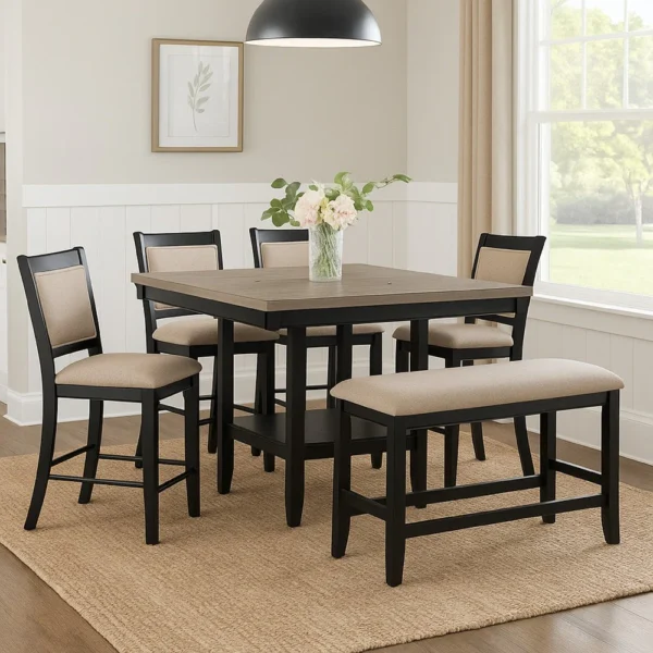 BM340207_5 Filu Counter Height Chair Set of 2, Black Wood Frame, Gray Linen Seat