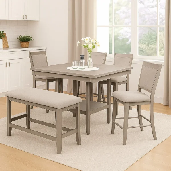 BM340209_5 Filu Counter Height Dining Bench, 40 Inch White Oak Wood, Light Gray