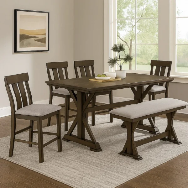 BM340217_5 Omal Counter Height Dining Bench, Brown-Khaki Wood, Gray Fabric, 48 Inch