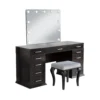 BM340350 Vaz 3pc LED Mirror Vanity Table Set w Padded Stool, Glass Top, Gray