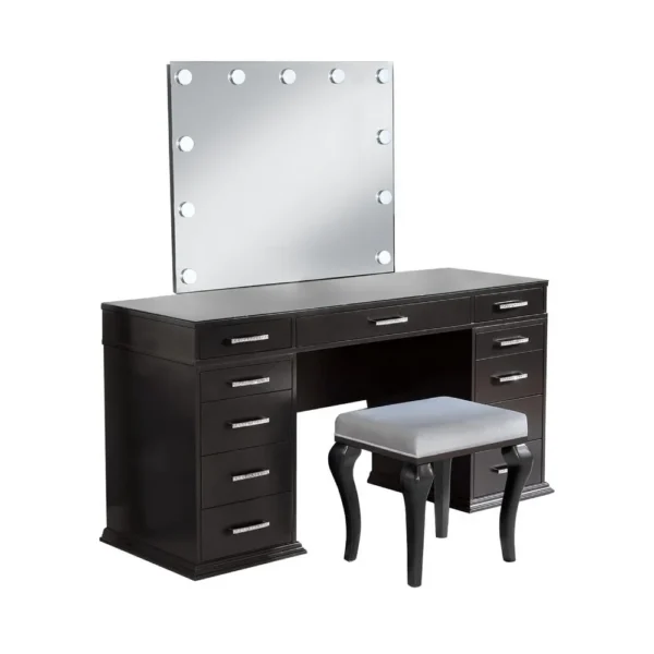 BM340350 Vaz 3pc LED Mirror Vanity Table Set w Padded Stool, Glass Top, Gray